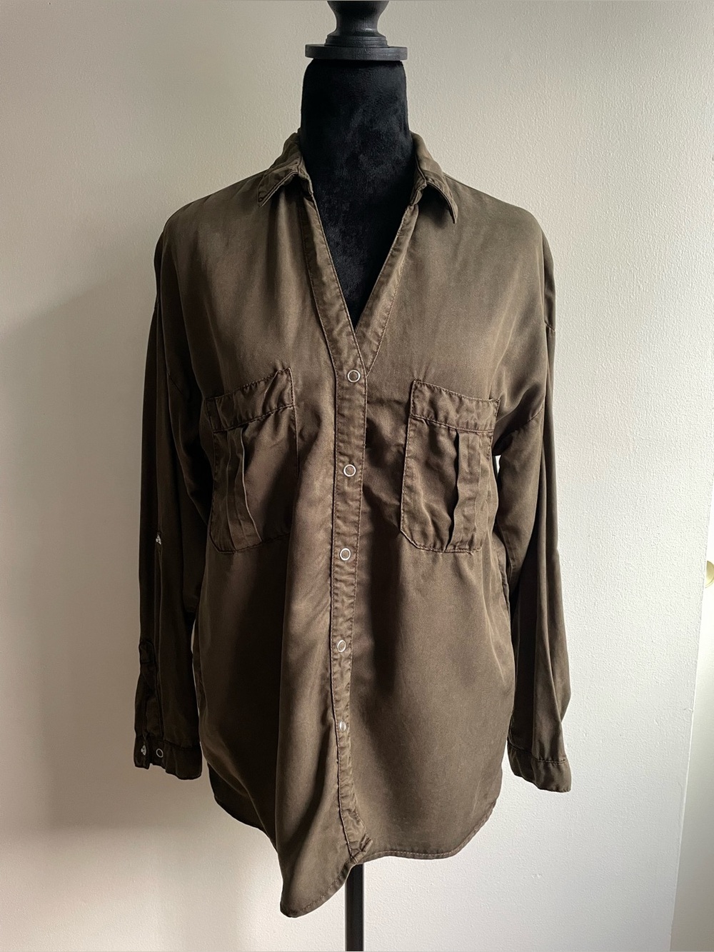 Zara Z1975 Denim Lyocell Utility Shirt Olive Brown Cargo Pockets